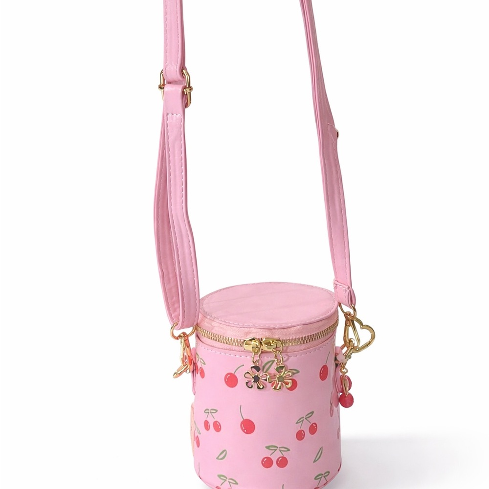 Pink Cherry Print Cylinder Crossbody Bag